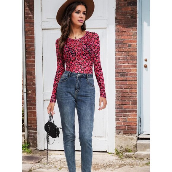 🆕 Women Red Floral Mesh Top Crew Neck Long Sleeve Fitted Sexy Out Tee Shirts - Picture 6 of 7